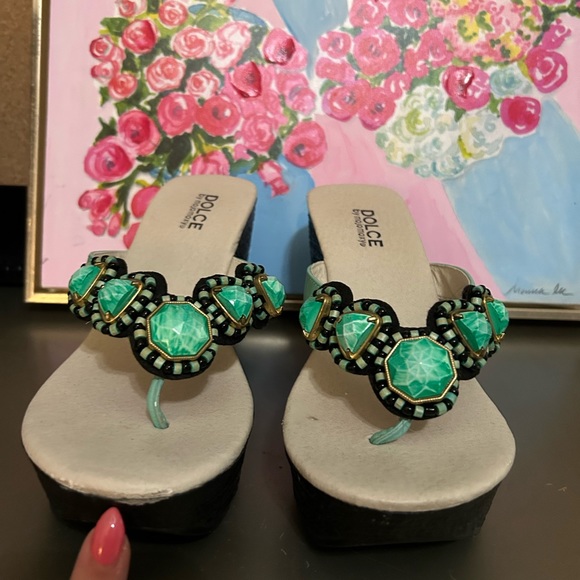 DOLCE by mojo moxy Cabana mint green black jeweled gem wedge size 8 - Picture 4 of 8